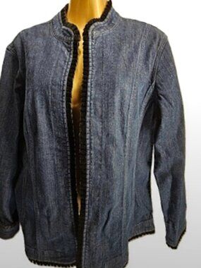Additions By Chicos Denim Jacket W/Black Velvet Trim size 2